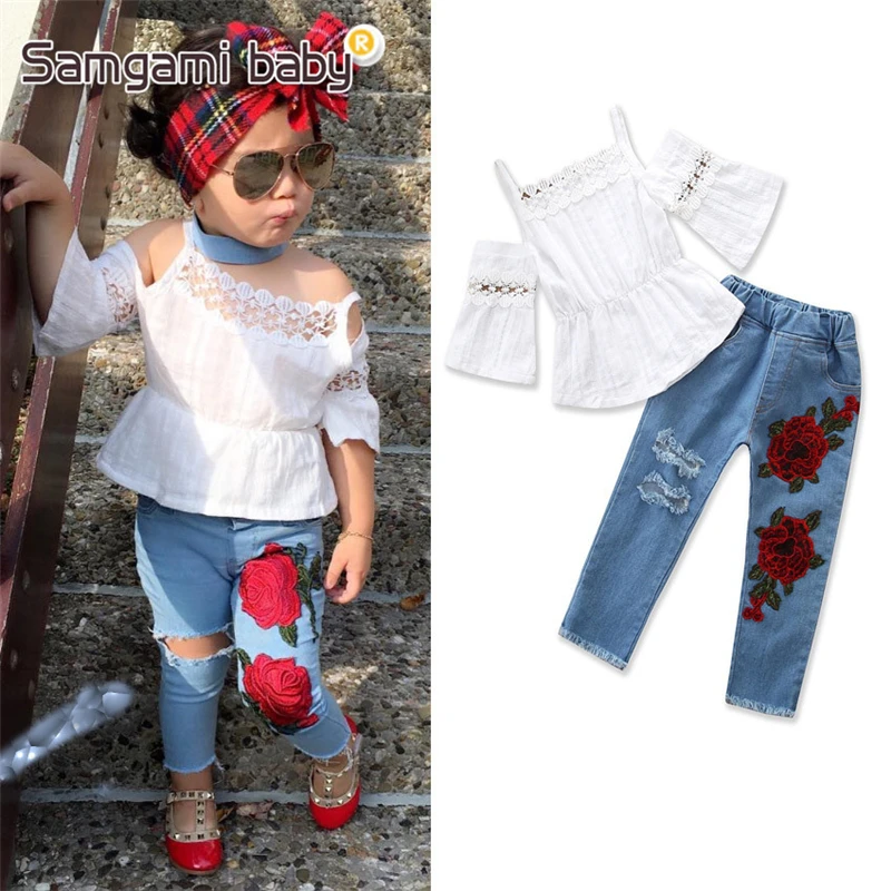 Wholesale fashion cute little girl summer clothes sets 2pcs white top +embroidery jeans boutique girls clothing sets outfits, As picture show
Wholesale fashion cute little girl summer clothes sets 2pcs white top +embroidery jeans boutique girls clothing sets outfits, As picture show