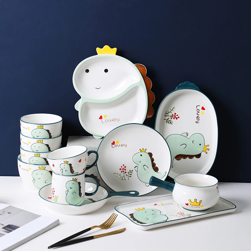 Cartoon ceramic color glaze dishes cups home restaurant set bowls and plates cute dinosaur children's tableware set
Cartoon ceramic color glaze dishes cups home restaurant set bowls and plates cute dinosaur children's tableware set