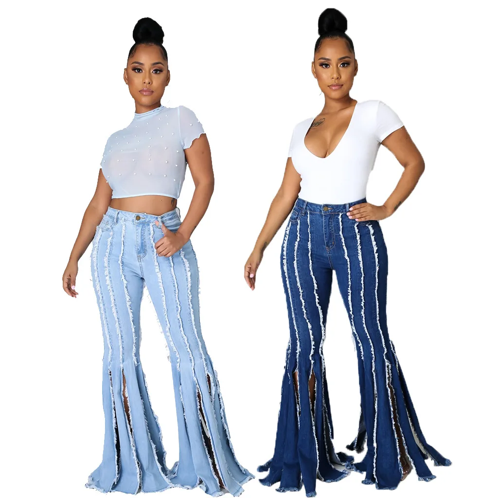 

Amazon Hot Sale Women Fashion Washed Distressed Sexy Tassels Bell Bottom Jeans Pants, As the picture