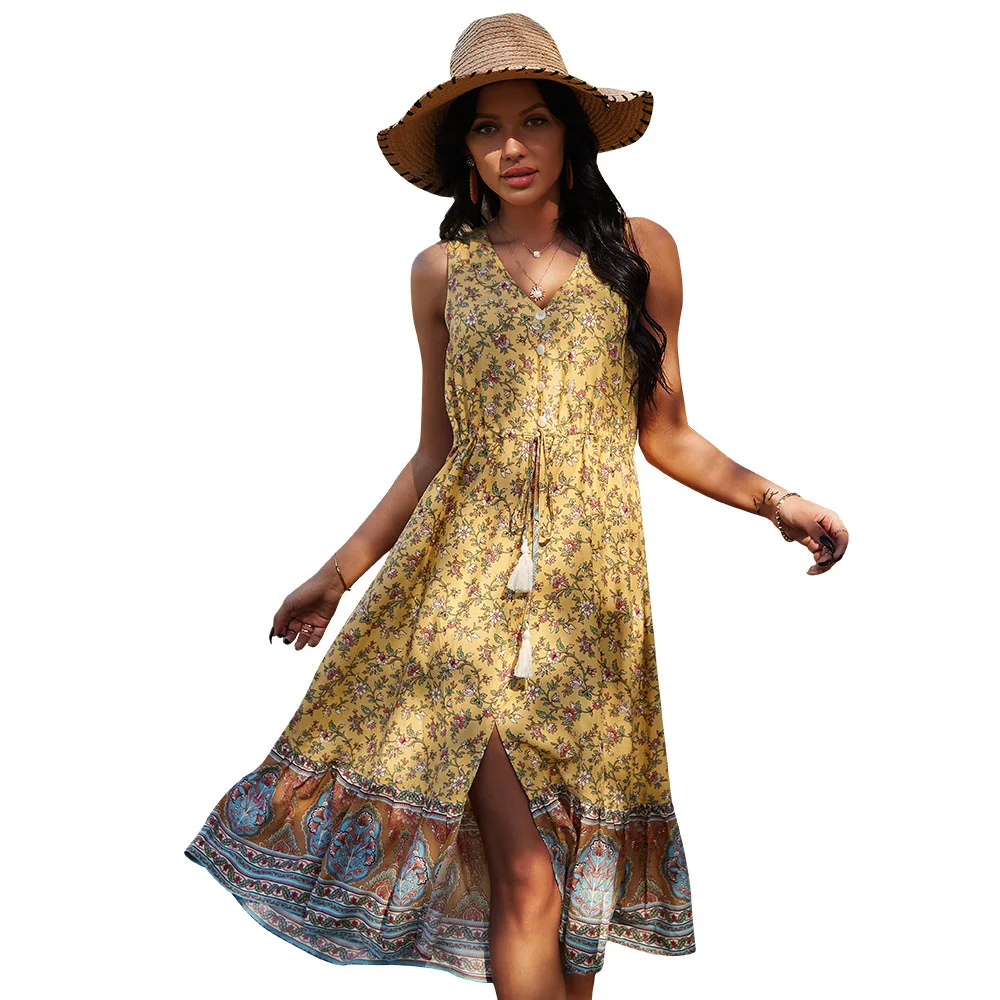 Summer V Neck Sleeveless Boho Front Button Casual Midi Dress Women Vacation Beach Dress, Yellow,green,navy or customized colors
Summer V Neck Sleeveless Boho Front Button Casual Midi Dress Women Vacation Beach Dress, Yellow,green,navy or customized colors