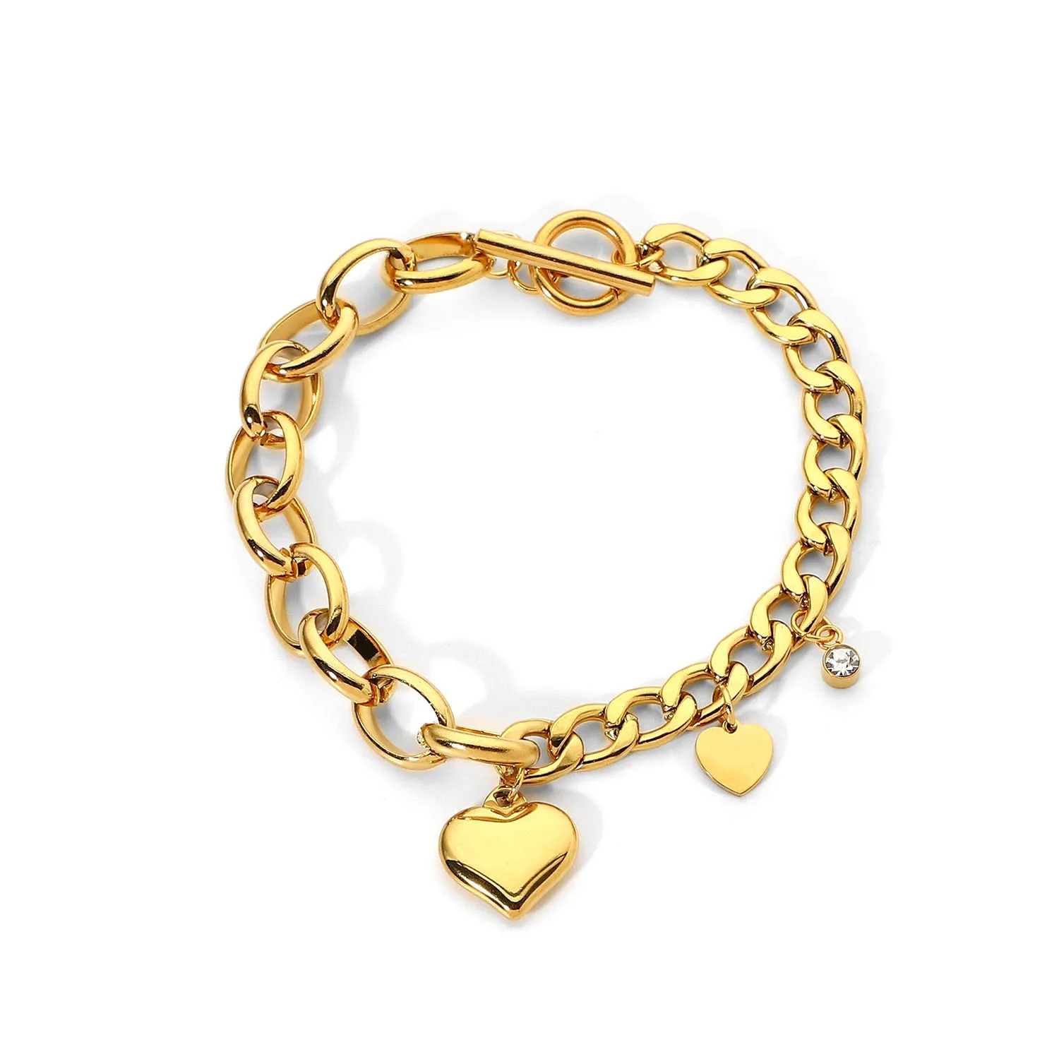

Wholesale waterproof jewelry 18k Gold Plated Ot Buckle Cubic Zircon Heart Stainless Steel Chunky Cuban Chain Bracelet