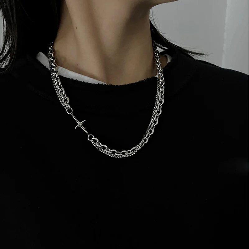 Fashion stitching men's trendy hip-hop clavicle chain simple long double-layer Cuban stainless steel necklace, Silver
Fashion stitching men's trendy hip-hop clavicle chain simple long double-layer Cuban stainless steel necklace, Silver