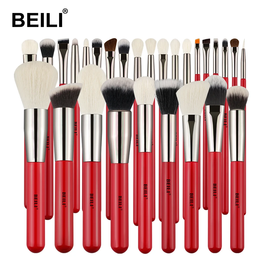 

BEILI 28Pcs synthetic hair makeup buesh set Foundation Eyebrow Professional Private Label red Cosmetic Brushes