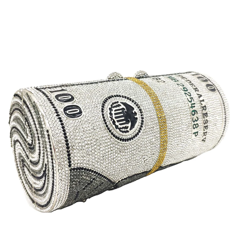 Luxury Designer $100 dollar bling round crystal rhinestone clutch purse diamond money roll bag purse, Silver
Luxury Designer $100 dollar bling round crystal rhinestone clutch purse diamond money roll bag purse, Silver