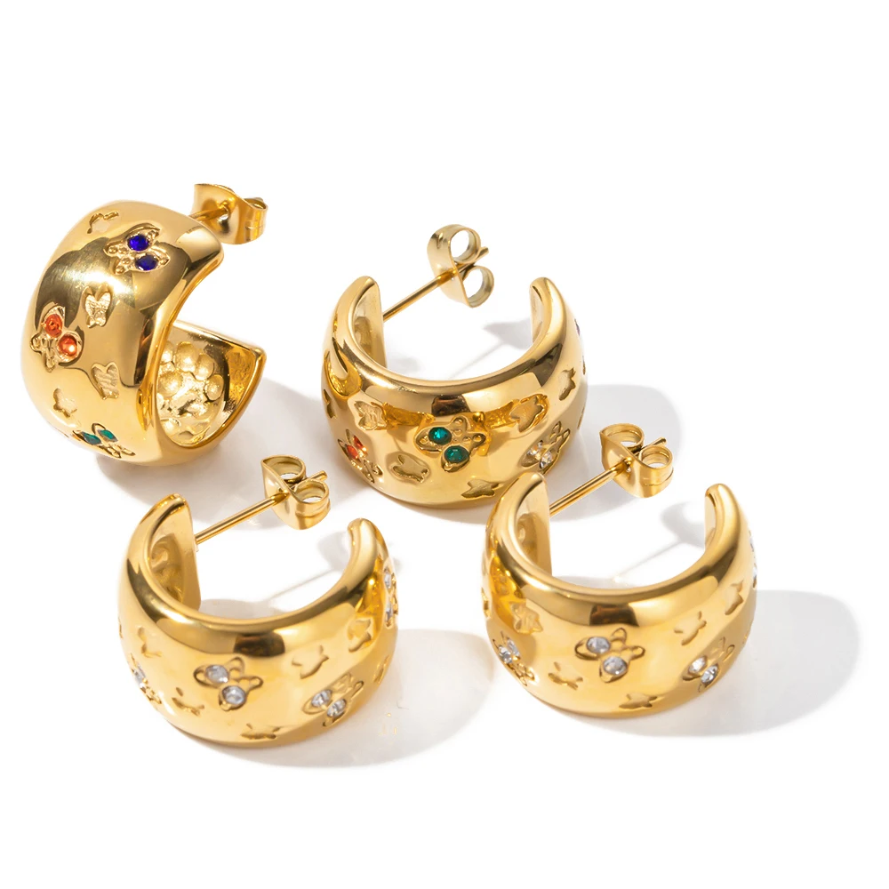 Chunky Butterfly Zircon CC Shape Earring 18K PVD Real Gold Plated Stainless Steel Wide Hoop Earring For Women
Chunky Butterfly Zircon CC Shape Earring 18K PVD Real Gold Plated Stainless Steel Wide Hoop Earring For Women