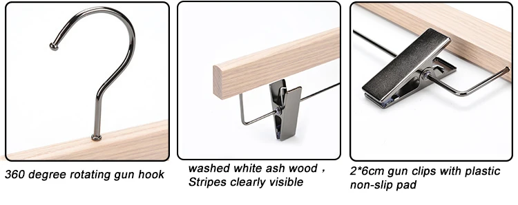 washed white Wood Hanger Ash Flat Store Display Pant Hangers With Slide gun Metal Clips