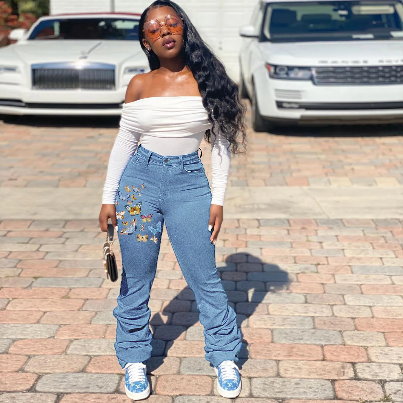 Club Party Street Style Full Length Denim Pants Butterfly Printed Stacked Jeans For Women Ladies, Denim blue
Club Party Street Style Full Length Denim Pants Butterfly Printed Stacked Jeans For Women Ladies, Denim blue