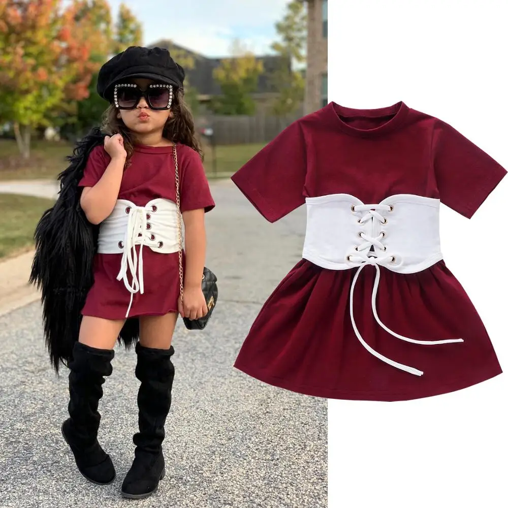 

1-6Y Toddler Kids Baby Girls Dress With Belt 2pcs Solid Burgundy Short Sleeve Knee Length A-Line Dress Fashion Outfits