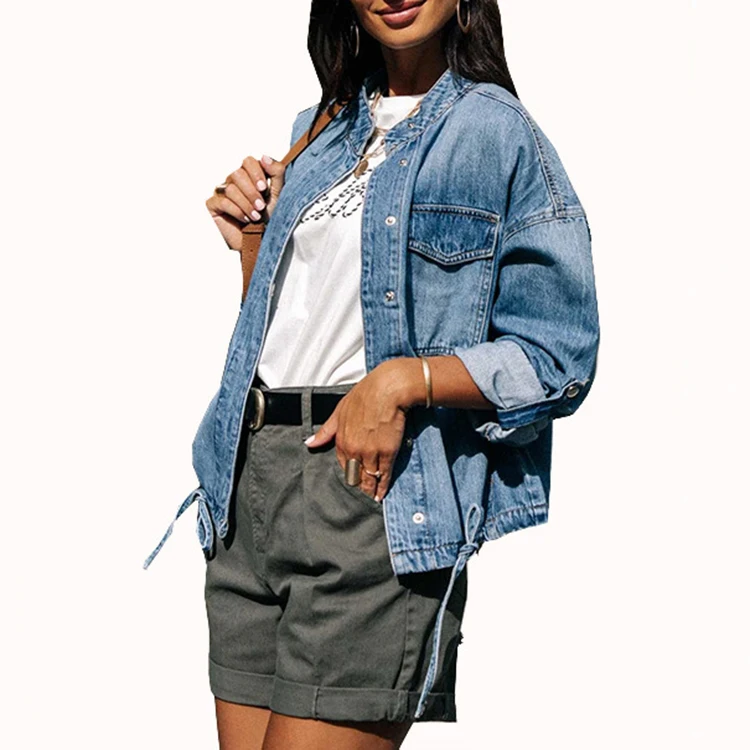 Fall Casual Woman Coat Demin Ladies Long Sleeve Button Drawstring Pockets Crop Blue Custom Jean Jackets Women
Fall Casual Woman Coat Demin Ladies Long Sleeve Button Drawstring Pockets Crop Blue Custom Jean Jackets Women