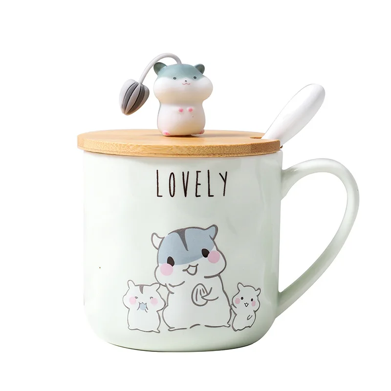 

Yiding Cup Holiday Birthday Gift Coffee Tea Lovers mug with lid and spoon, 3D Animal Porcelain 400ml hamster Ceramic mugs, As is or customized