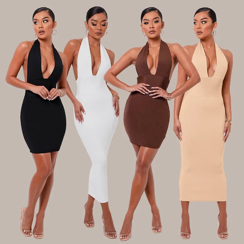 2021 Hot Selling Women Sleeveless Halter Backless Ribbed V Neck Bodycon Dress, Customized color
2021 Hot Selling Women Sleeveless Halter Backless Ribbed V Neck Bodycon Dress, Customized color