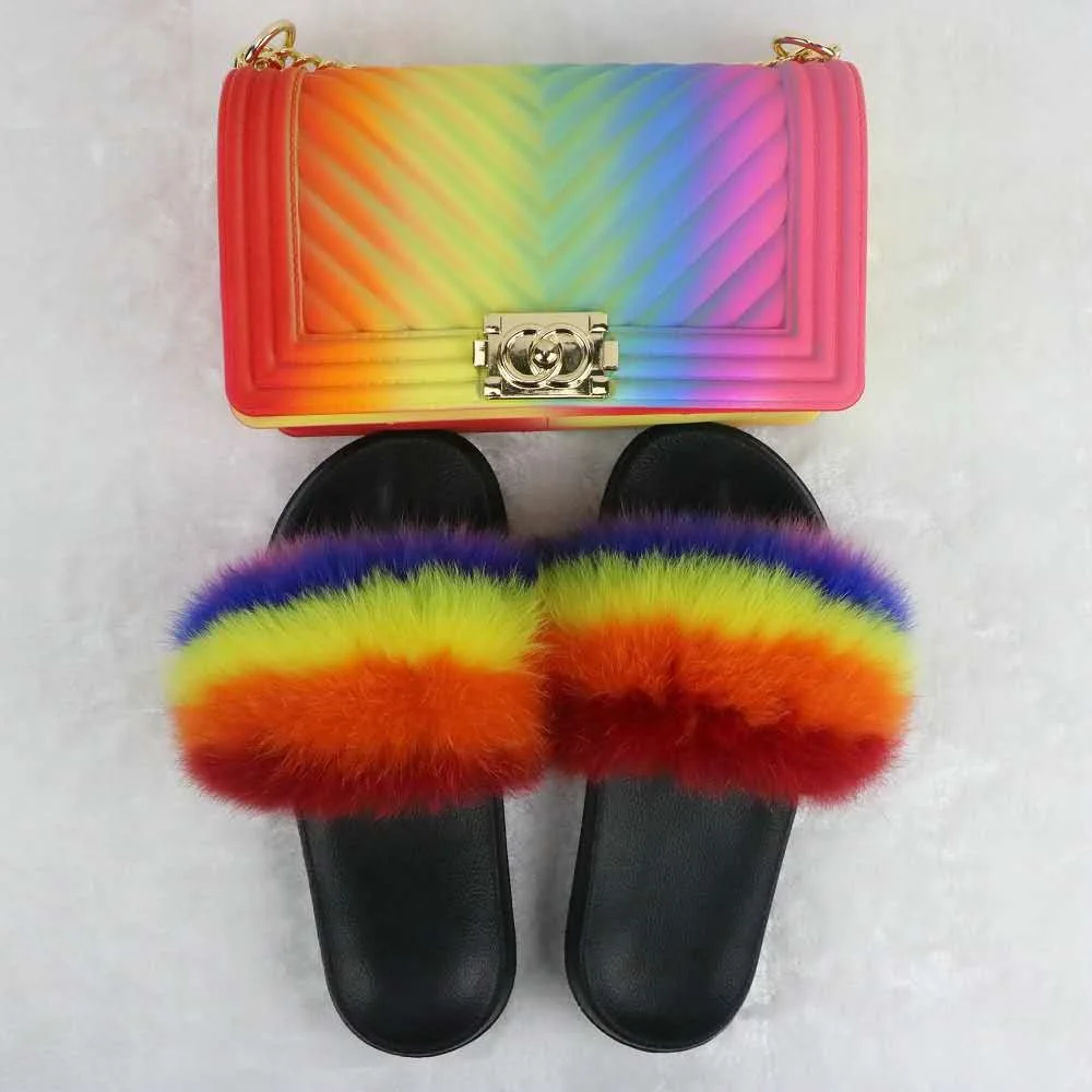 Fashionable cross body multi color shoulder bags rainbow jelly purses shoes set women handbags with fur slides slippers, Accept custom made
Fashionable cross body multi color shoulder bags rainbow jelly purses shoes set women handbags with fur slides slippers, Accept custom made