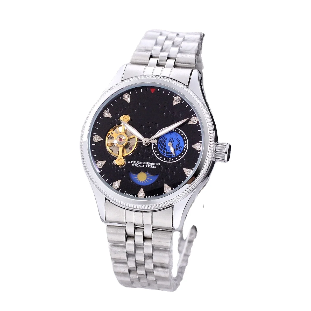 Global popular Tourbillon day and month timing full-automatic mechanical steel band Watch
Global popular Tourbillon day and month timing full-automatic mechanical steel band Watch