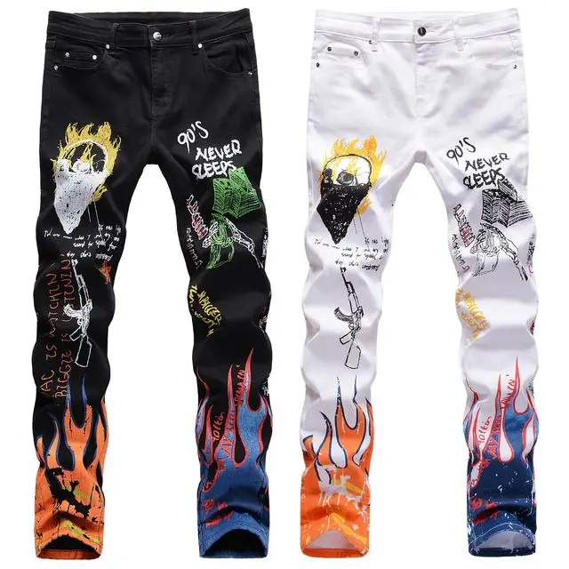Fashion New Men's Male Letters Flame Printed Jeans Slim Straight Skull Graffiti Colored Painted Stretch Pants
Fashion New Men's Male Letters Flame Printed Jeans Slim Straight Skull Graffiti Colored Painted Stretch Pants
