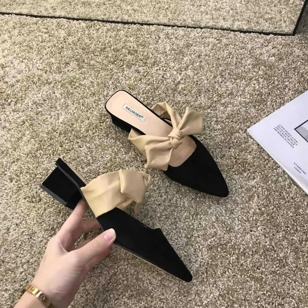 Factory price Bowknot Pointed toe women's shoes Thick heel sandals Miss Half slippers
Factory price Bowknot Pointed toe women's shoes Thick heel sandals Miss Half slippers