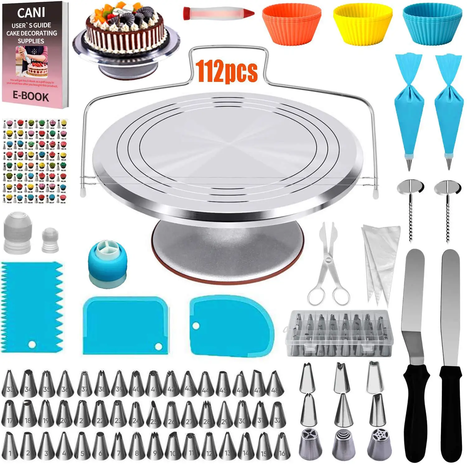 112Pcs Party Fondant Cake Decorating Tools Aluminum Alloy Wedding Cake Decorating Turntable Tools for Cake Tools Set, Silver
112Pcs Party Fondant Cake Decorating Tools Aluminum Alloy Wedding Cake Decorating Turntable Tools for Cake Tools Set, Silver