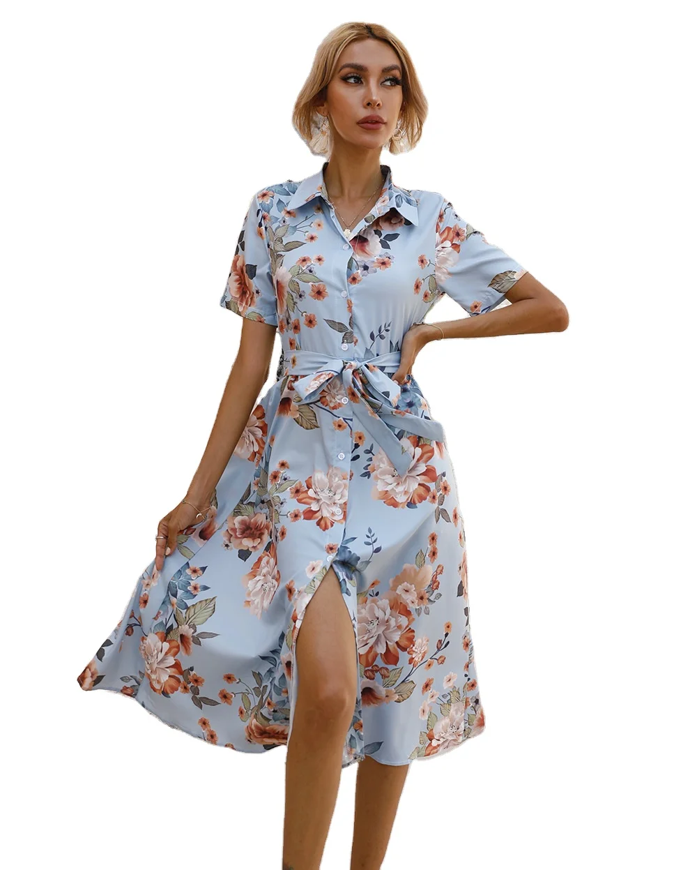 2021 summer women's waist single-breasted printed short-sleeved dress casual elegant slit dress
2021 summer women's waist single-breasted printed short-sleeved dress casual elegant slit dress