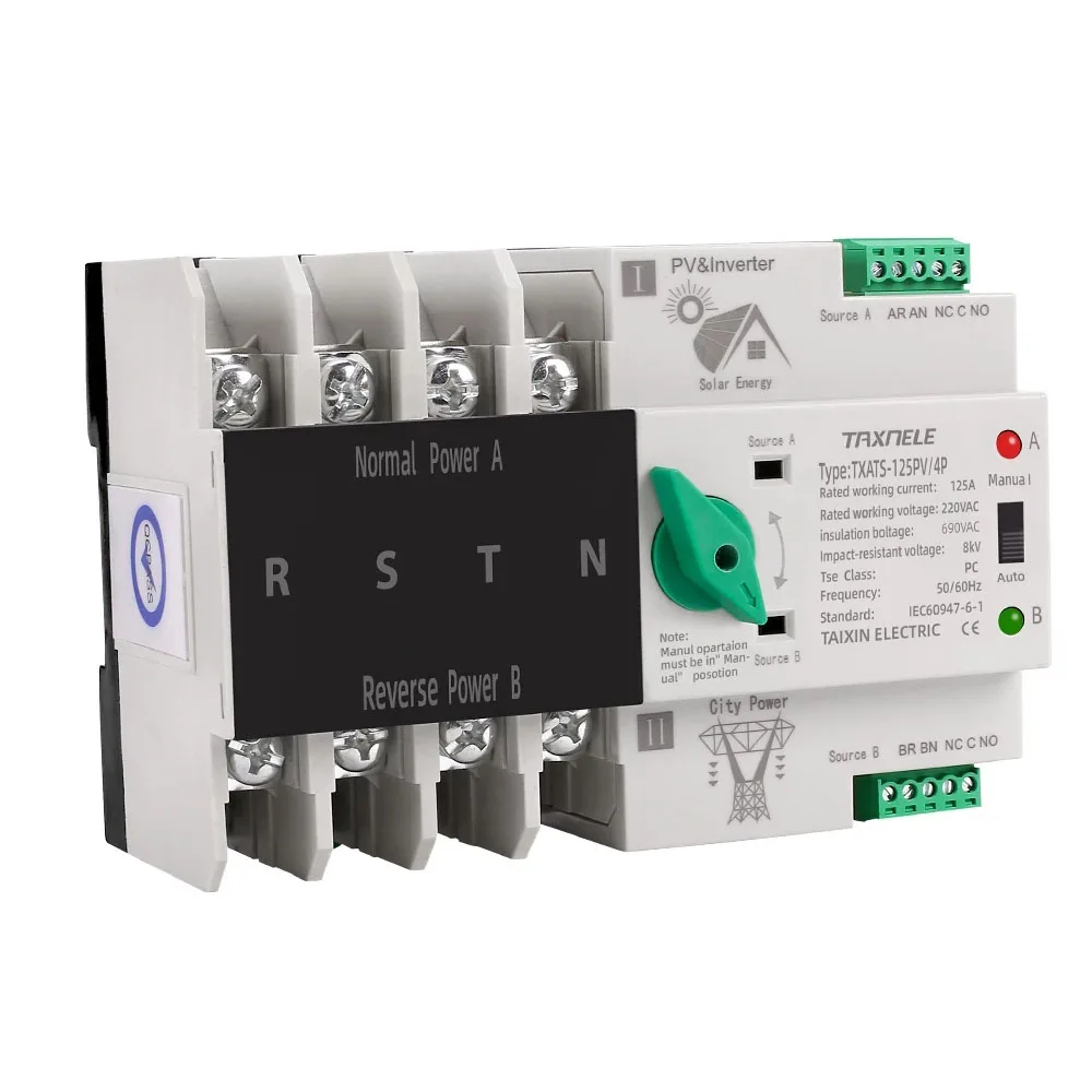 

4P 4 Phase Din Rail ATS PV Inverter Dual Power Automatic Transfer Selector Switches Uninterrupted 63A 100A 125A Photovoltaic