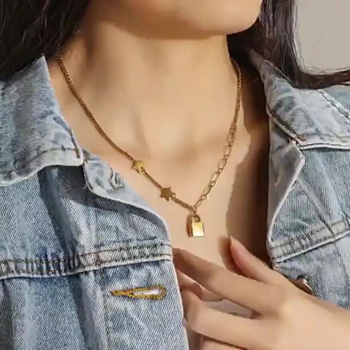 2021 Women Gold Silver Chains Aesthetic Charms Choker Women Jewelry Gift To Mujer Vintage Stainless Steel Star Padlock Necklace
2021 Women Gold Silver Chains Aesthetic Charms Choker Women Jewelry Gift To Mujer Vintage Stainless Steel Star Padlock Necklace