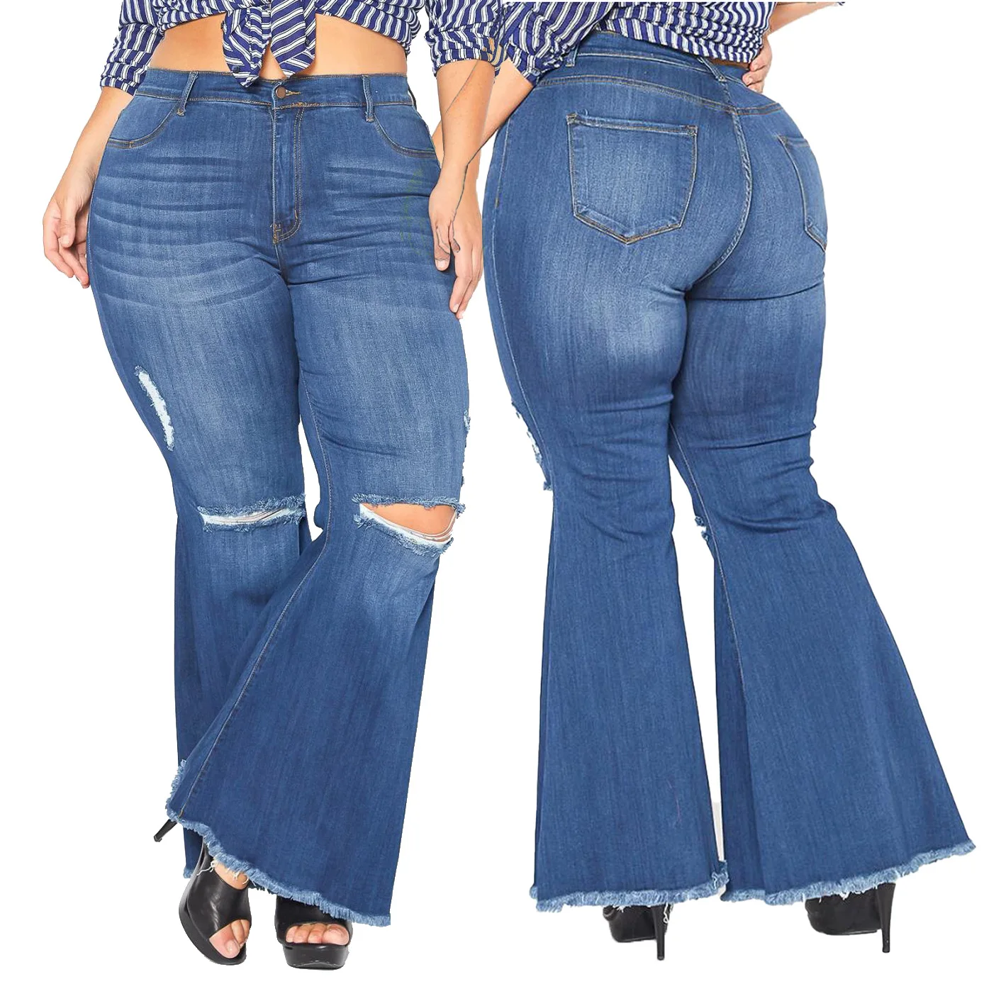 Wholesale Amazon Hot Trend Fashion Knee Hole Stretch Slim Fit Denim Flares Pants Mid Waist Plus Size Casual Women's Jeans, Shown
Wholesale Amazon Hot Trend Fashion Knee Hole Stretch Slim Fit Denim Flares Pants Mid Waist Plus Size Casual Women's Jeans, Shown