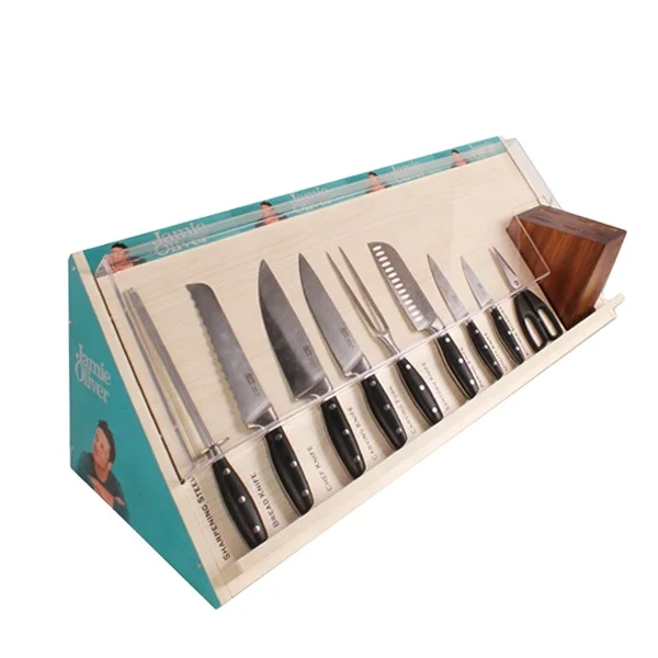 store retail counter top clear acrylic wood  knife cutlery set display holder case stand