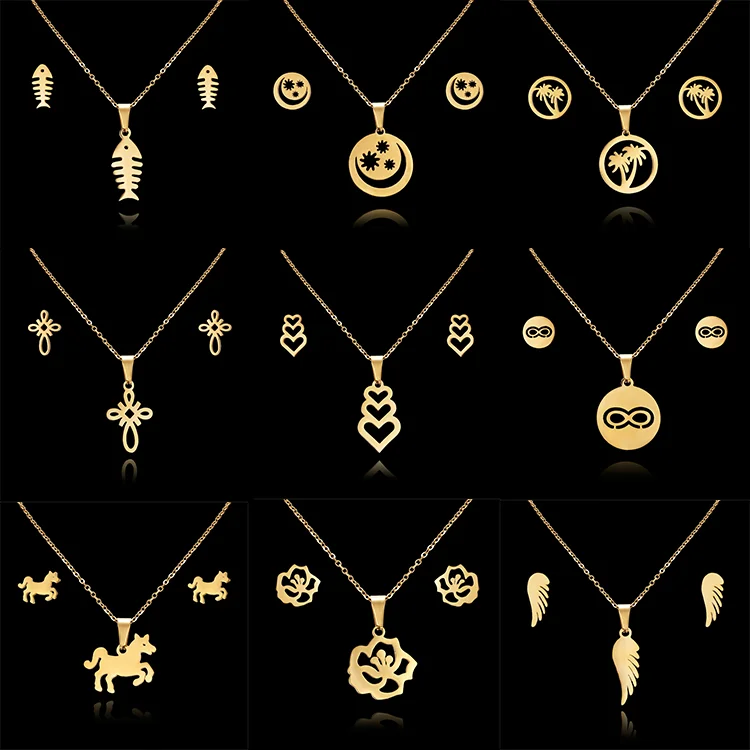 Stainless Steel Bridal Jewelry Set Gold Plated Sets Star Moon Heart Horse Butterfly Cross Flower Women Wedding Accessories, Gold color
Stainless Steel Bridal Jewelry Set Gold Plated Sets Star Moon Heart Horse Butterfly Cross Flower Women Wedding Accessories, Gold color