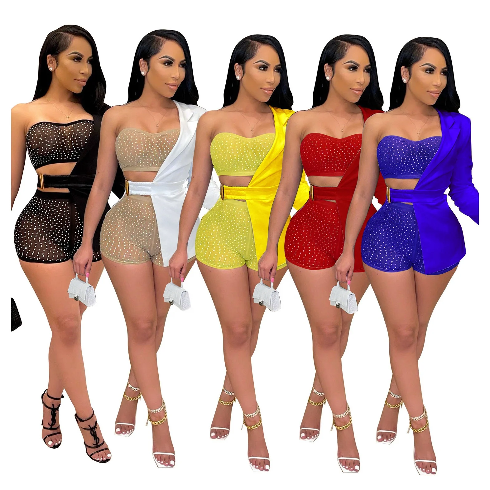 Club Wear Outfits 2022 Women Summer One Shoulder Blazer Mesh Sheer Rhinestone 3 Piece Short Set For Women, Yellow, red, black, white, blue
Club Wear Outfits 2022 Women Summer One Shoulder Blazer Mesh Sheer Rhinestone 3 Piece Short Set For Women, Yellow, red, black, white, blue