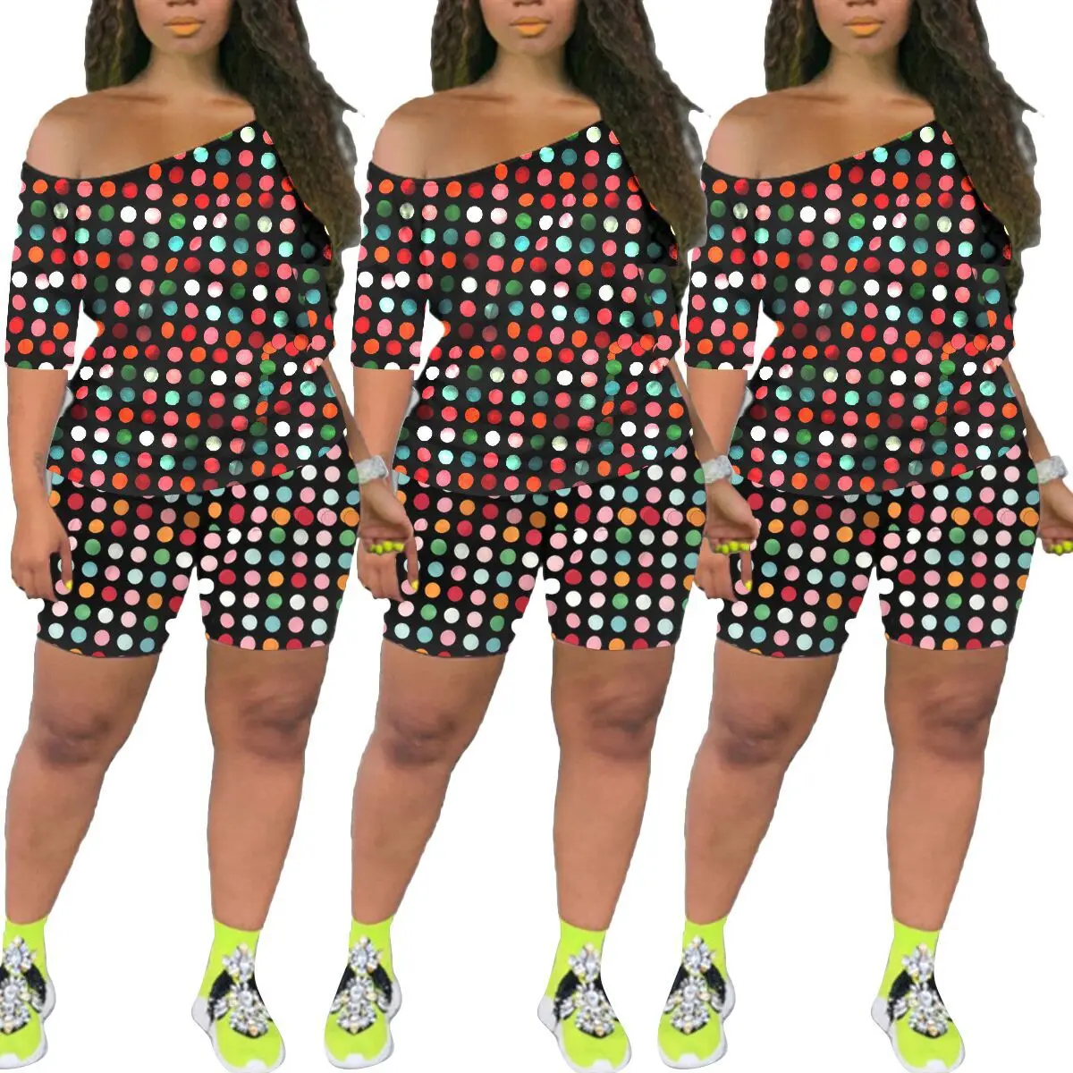 One Shoulder Skew Collar Tops and Biker Shorts Matching Sets Women Outfits Colorful Polka Dot Two Piece Printed Set
One Shoulder Skew Collar Tops and Biker Shorts Matching Sets Women Outfits Colorful Polka Dot Two Piece Printed Set