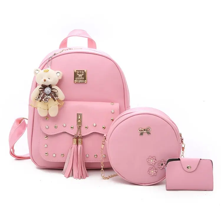 Stock Hot Selling Lovely Flower Tassel Pendant Three-Piece Sets Women Backpack, Black pink beige
Stock Hot Selling Lovely Flower Tassel Pendant Three-Piece Sets Women Backpack, Black pink beige