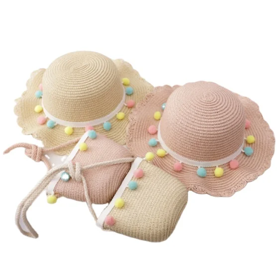 

Wholesale Children's Straw Hat handmade Straw Bag/handbag large brim hat for Little Girl Summer Beach Vacation, Pink/white/khaka/beige