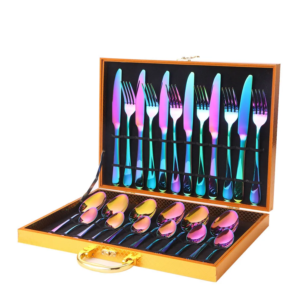 Restaurant silverware rainbow stainless steel wedding cutlery 24 pcs colorful flatware set with wood box
Restaurant silverware rainbow stainless steel wedding cutlery 24 pcs colorful flatware set with wood box