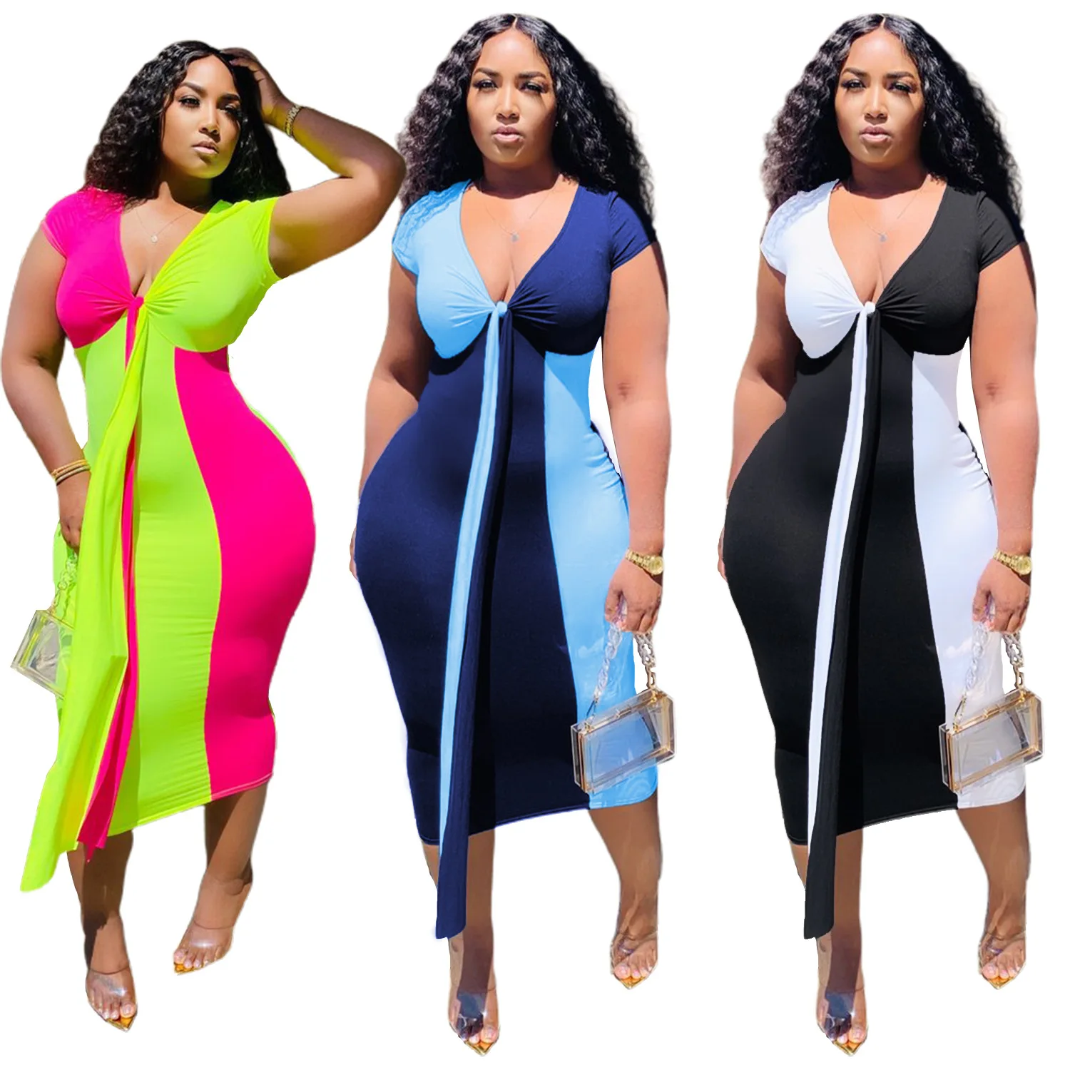 Wholesale Fashion V Neck Short Sleeve Stitching Color Oversize Women Clothing Tight Plus Size Dress
Wholesale Fashion V Neck Short Sleeve Stitching Color Oversize Women Clothing Tight Plus Size Dress