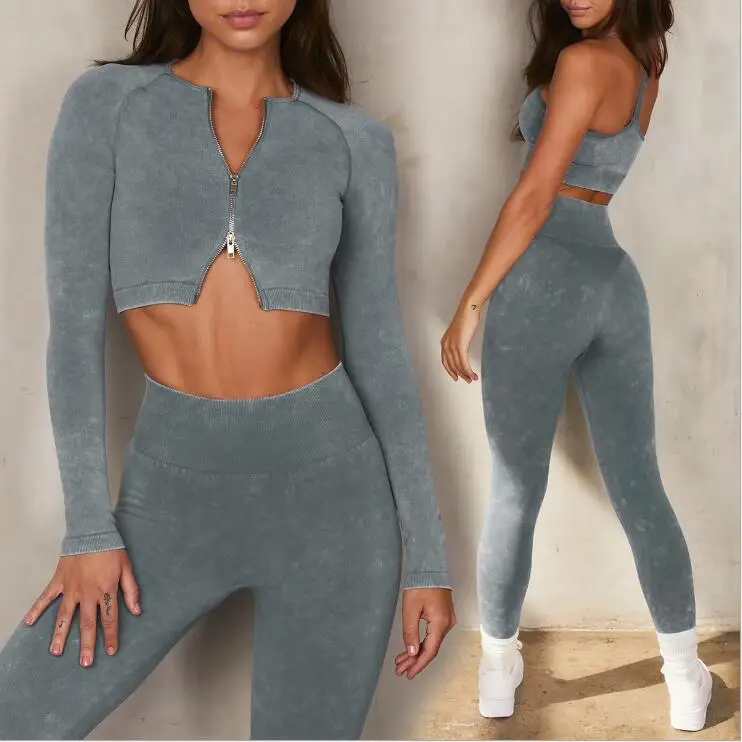2021 Sand Wash Denim Zippers Women Long Sleeve Crop Top Leggings 5 Piece Seamless Yoga Pants Set Fitness Womens Activewear
2021 Sand Wash Denim Zippers Women Long Sleeve Crop Top Leggings 5 Piece Seamless Yoga Pants Set Fitness Womens Activewear