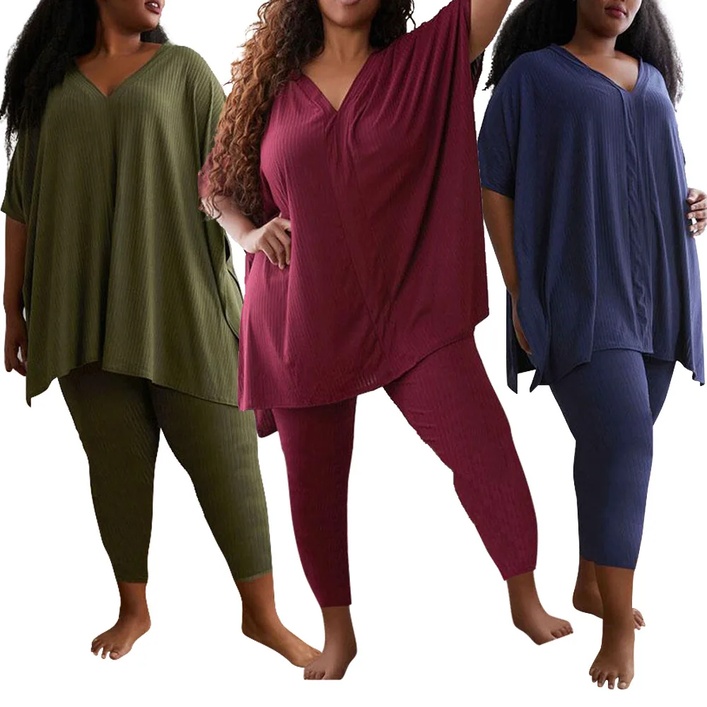 European and American Amazon new solid women sexy V collar half sleeve blouse leisure plus size two-piece sets
European and American Amazon new solid women sexy V collar half sleeve blouse leisure plus size two-piece sets