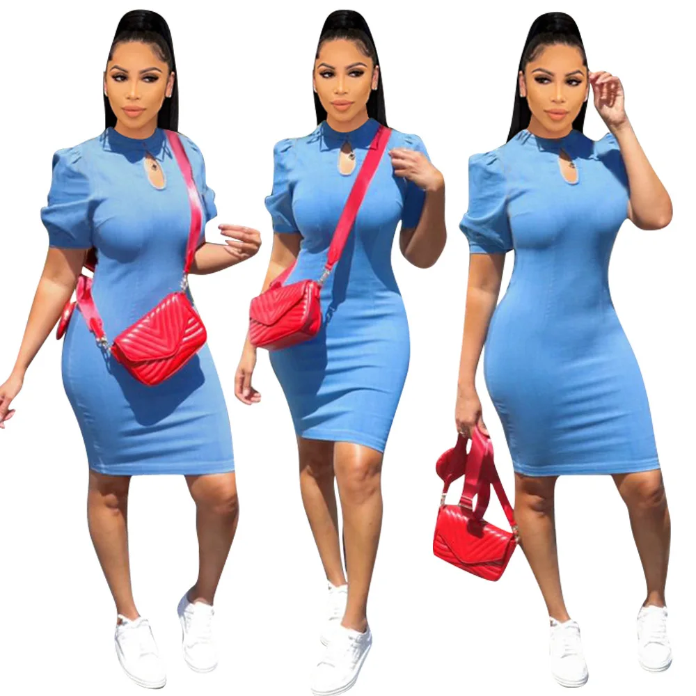 European and American women's high elastic denim half-height round neck dress with puff sleeves, Shown
European and American women's high elastic denim half-height round neck dress with puff sleeves, Shown