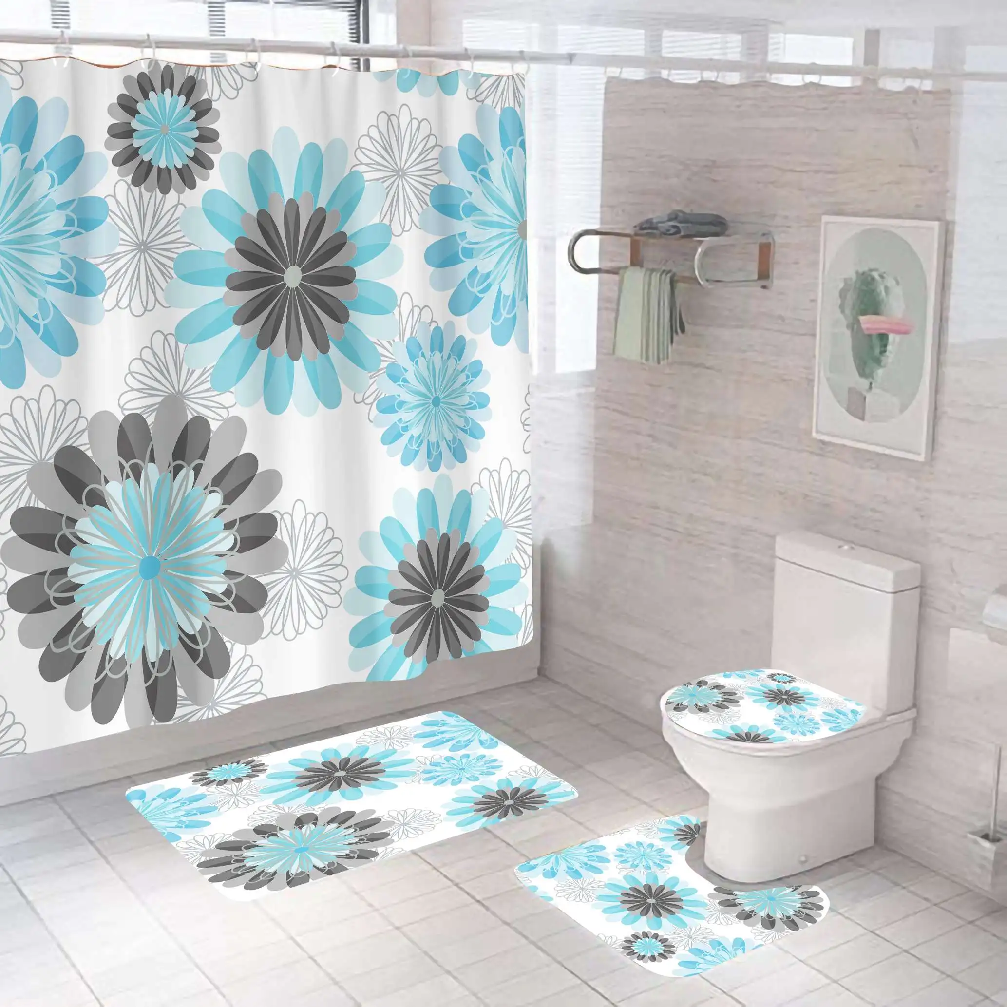 High quality wholesale printing 3d blue flower designers modern shower curtain sets 4 pieces
High quality wholesale printing 3d blue flower designers modern shower curtain sets 4 pieces
