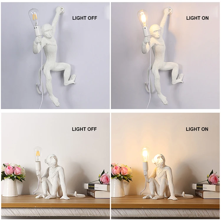 Creative Hanging Vintage Hemp Rope Light Fixture Home Lighting gold white black Resin Monkey Wall light