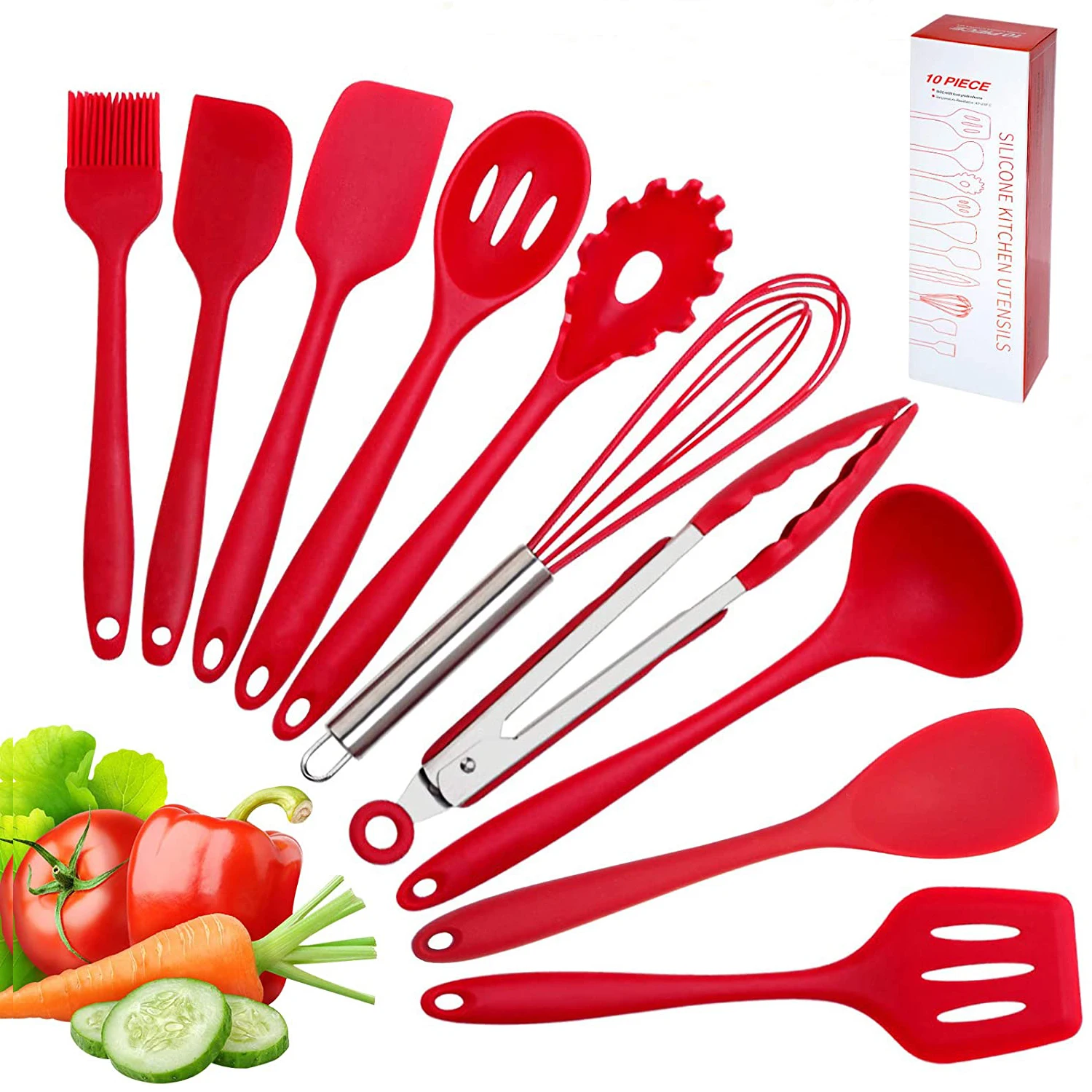 

Food Grade Heat Resistant 10 Piece Kitchenware Tool Spoon Whisk Tongs Non-stick Cooking Spatula Silicone Kitchen Utensil Set, Red, black