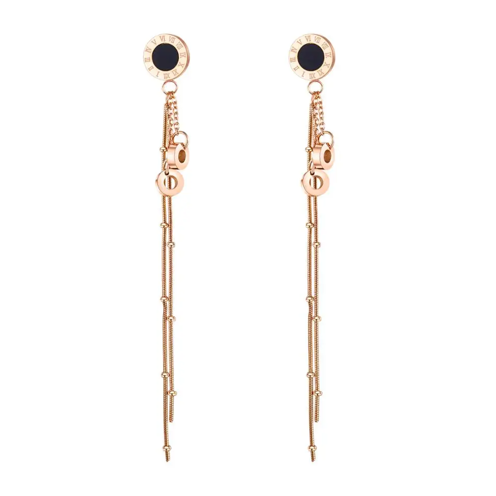 Trendy Rose Gold Titanium Steel Drop Earrings Vintage Roman Numerals Long Tassel Earrings for Women (SK982)
Trendy Rose Gold Titanium Steel Drop Earrings Vintage Roman Numerals Long Tassel Earrings for Women (SK982)