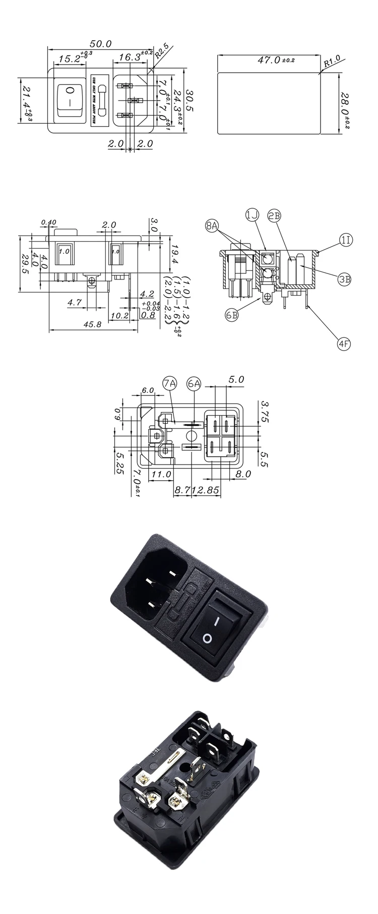 AC Power Socket With Black Rocker Switch 2pin And Fuse 10A 250V 3 in 1