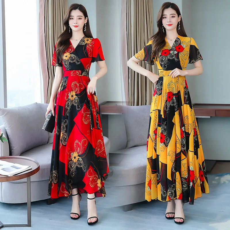Ice silk print dress women's summer 2021 new style waist waist is thin and large put on long skirt
Ice silk print dress women's summer 2021 new style waist waist is thin and large put on long skirt