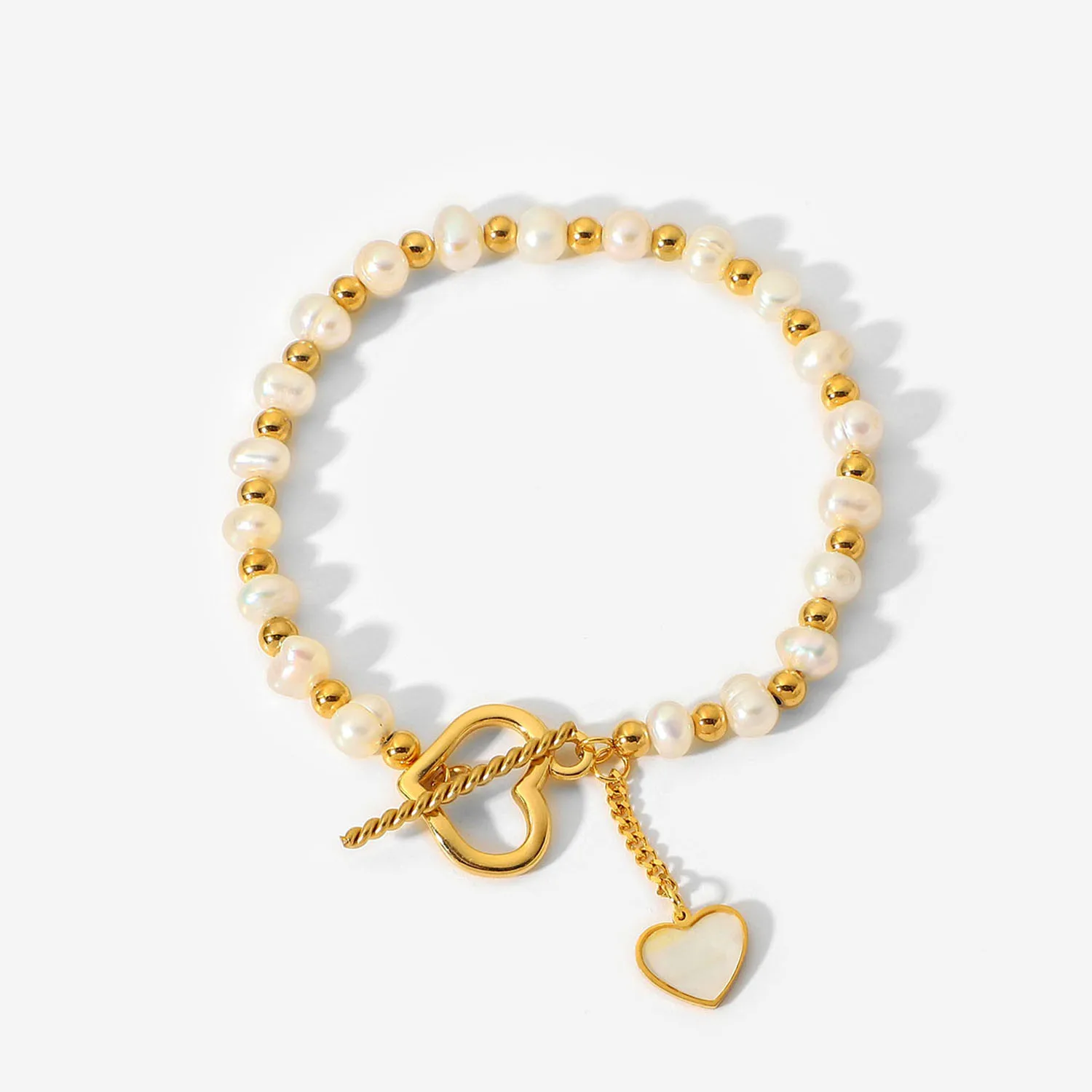 

18k Gold Jewelry Women Shell Heart Charm Stainless Steel Tarnish Free Ball Beaded Bangle Bracelets Freshwater Pearl Bracelets