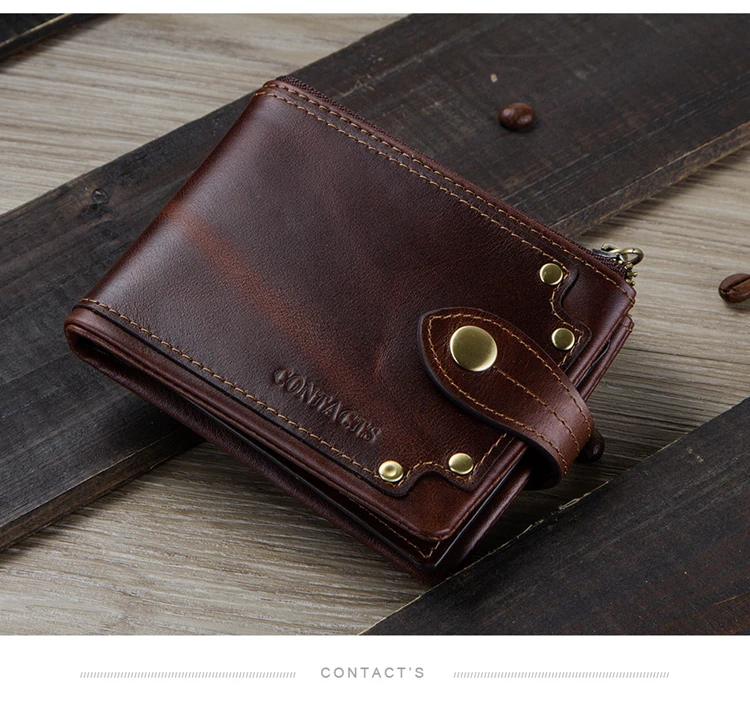 Contact's Genuine Leather Retro Wallet for Men RFID Blocking Bifold 3 frames and Zipper Notes Compartment
