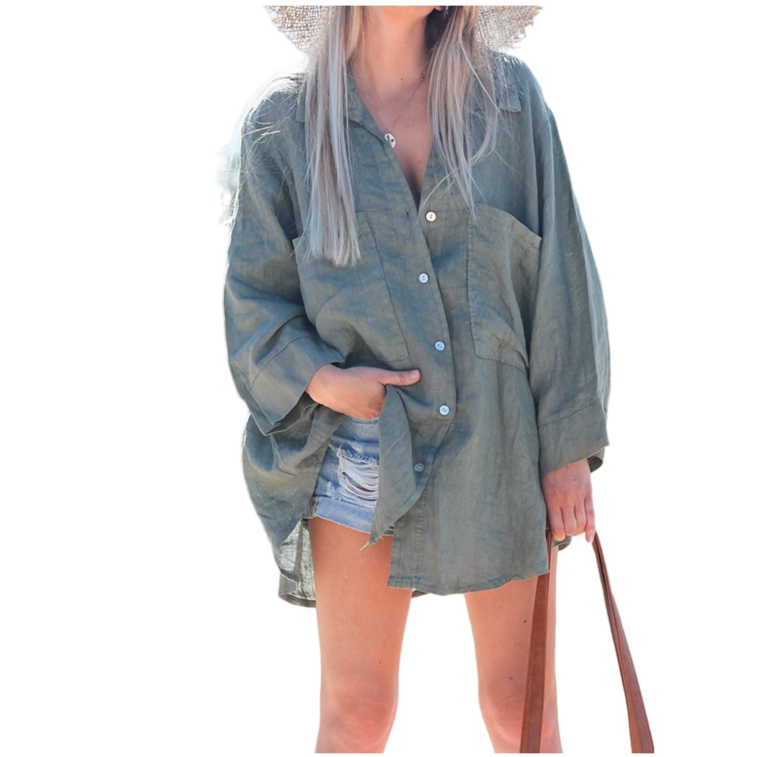 Spot 2021 spring and summer cotton and linen solid color large pocket casual shirt top
Spot 2021 spring and summer cotton and linen solid color large pocket casual shirt top