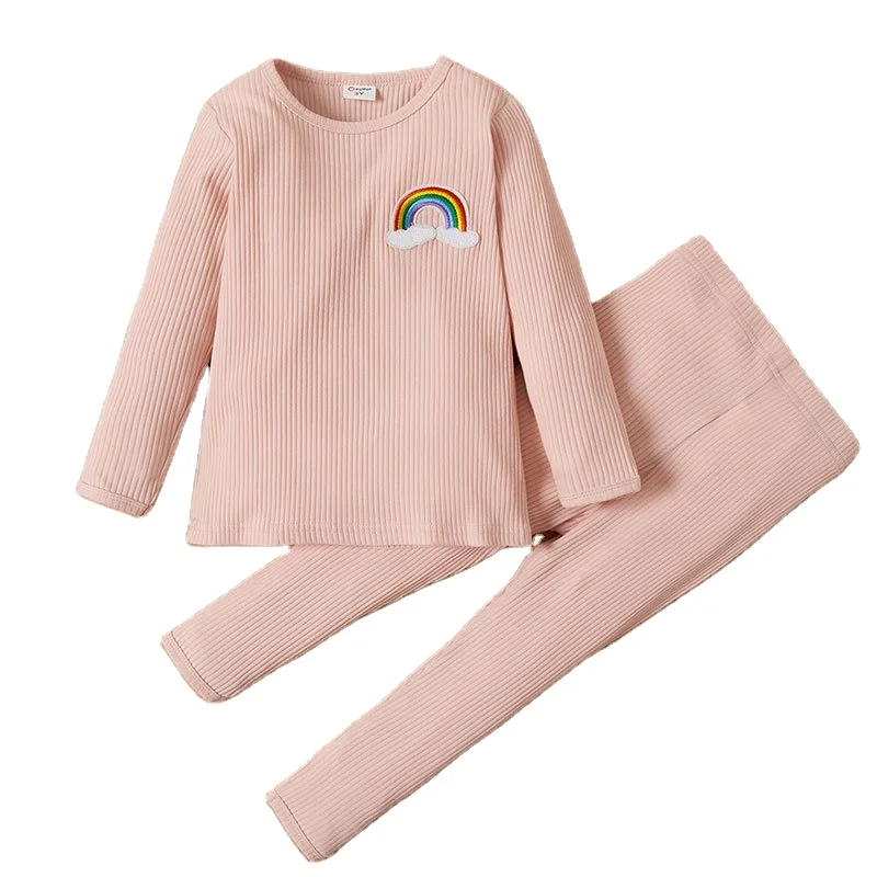 

Comfortable cotton kids sleepwear sets boy's and girls' pink pajamas children home clothes with embroidered rainbow