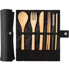 Wooden Tableware Cutlery Fork Spoon Knife Set Bamboo Straw Dinnerware Set with Travel Cloth Bag Chopsticks Wholesale