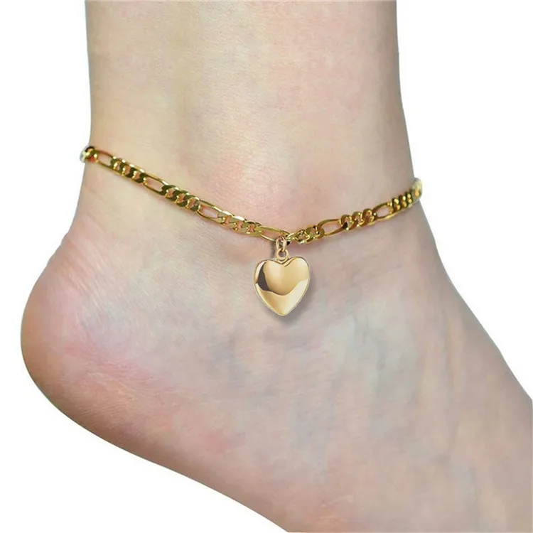 

2021 New Girls Beach Jewelry Stainless Steel Bracelet Anklet Figaro Chain Love Pendant Anklet, Gold,rose gold
