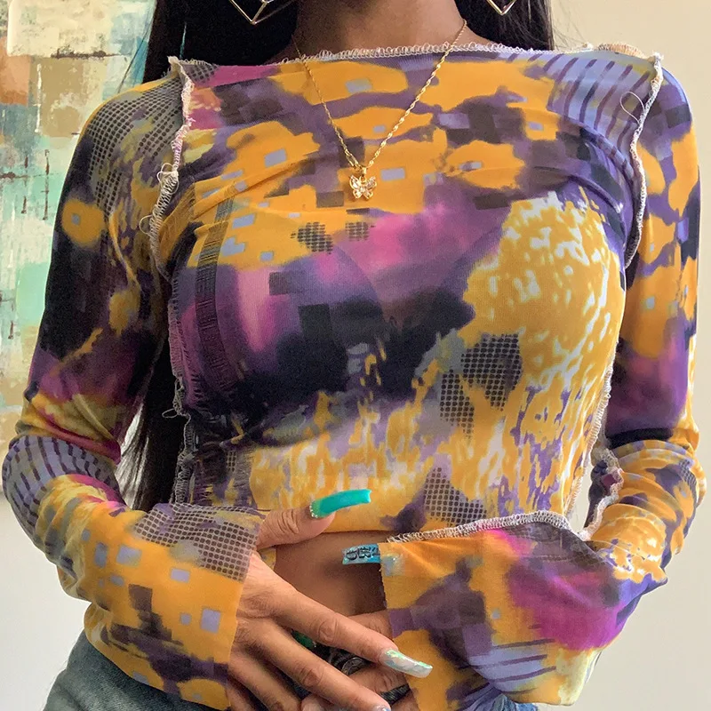 R11063S Women's 2020 summer new round neck long sleeve perspective mesh printing tops, As picture
R11063S Women's 2020 summer new round neck long sleeve perspective mesh printing tops, As picture