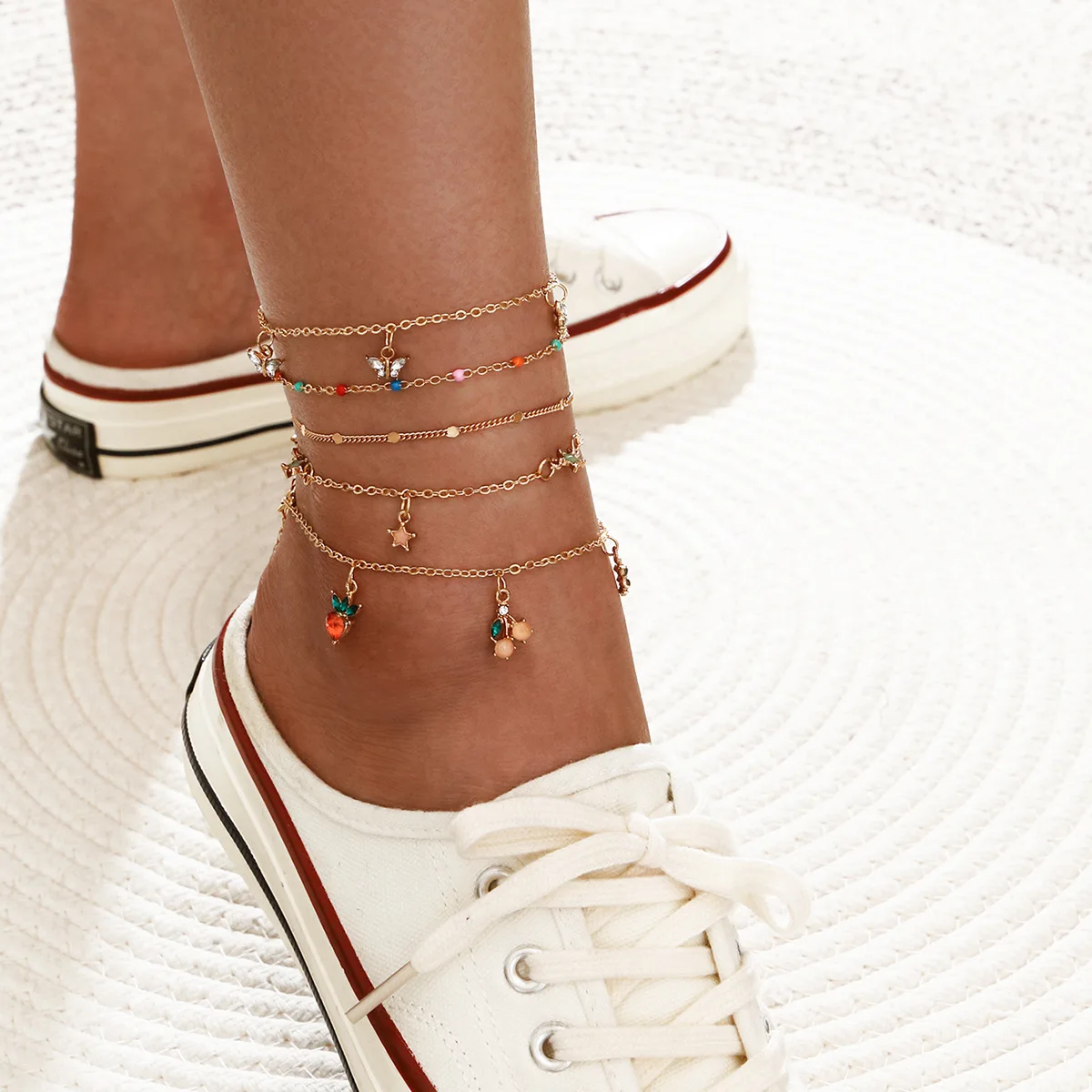 Summer Dainty Sweet Fruit Strawberry Cherry Butterfly Star Foot Jewelry Multi-layer 5 Piece Suit Chain Anklet Jewelry Gold Plate
Summer Dainty Sweet Fruit Strawberry Cherry Butterfly Star Foot Jewelry Multi-layer 5 Piece Suit Chain Anklet Jewelry Gold Plate