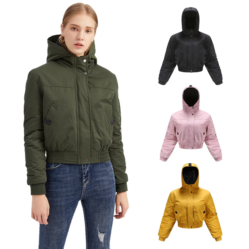 Wholesale ladies fashion clothes solid color cargo coats warm women hooded short cotton jackets, 4 colors
Wholesale ladies fashion clothes solid color cargo coats warm women hooded short cotton jackets, 4 colors